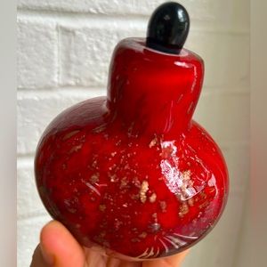 VTG Red Gold Speckled White Murano Blown Glass Perf. Bottle w/Black Dauber